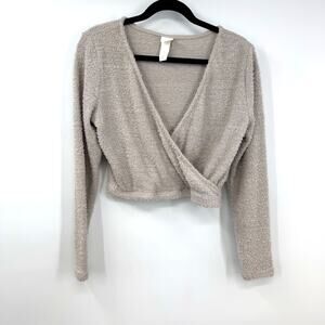 H&M Faux Wrap Fuzzy Cropped Sweater L Long Sleeve Balletcore Feminine Lounge